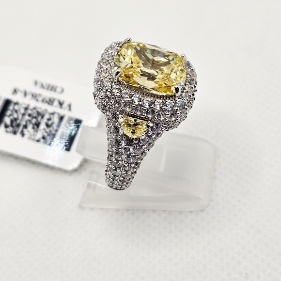 Glamorous Canary Sapphire & Diamond Simulant Ring Platinum Finish 925 Sz 7.5! - Picture 7 of 12